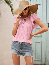 Eyelet Tie Neck Flutter Sleeve Blouse - Trendsi - Flyclothing LLC