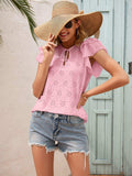 Eyelet Tie Neck Flutter Sleeve Blouse - Trendsi - Flyclothing LLC