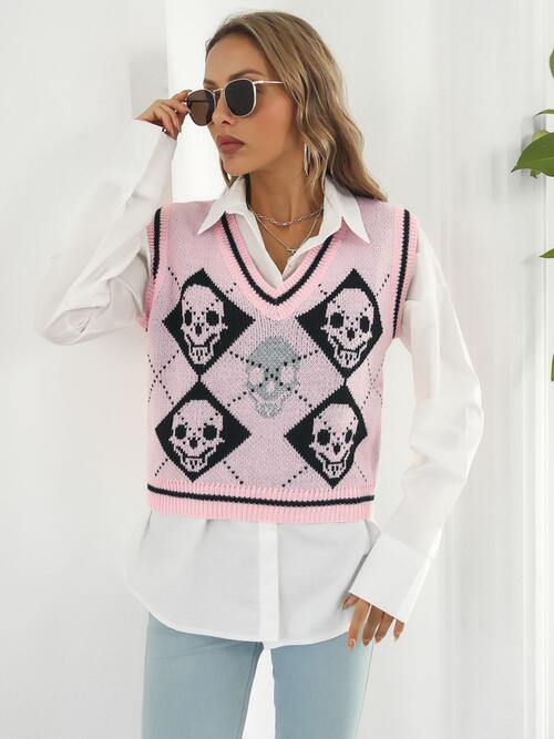 Skull Contrast V-Neck Sweater Vest - Flyclothing LLC