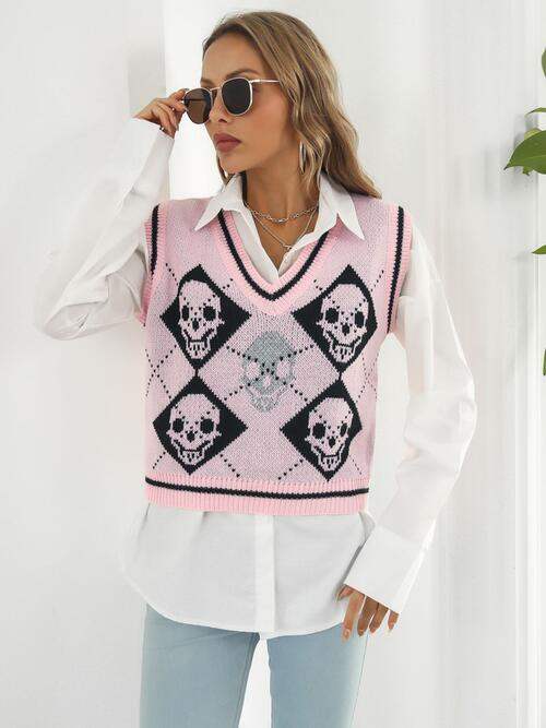 Skull Contrast V-Neck Sweater Vest - Trendsi - Flyclothing LLC