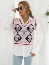 Skull Contrast V-Neck Sweater Vest - Trendsi - Flyclothing LLC