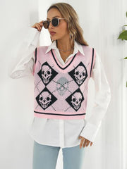 Skull Contrast V-Neck Sweater Vest - Flyclothing LLC