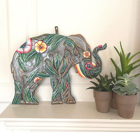Hibiscus Elephant Haitian Metal Drum Art - Haitian Artisans