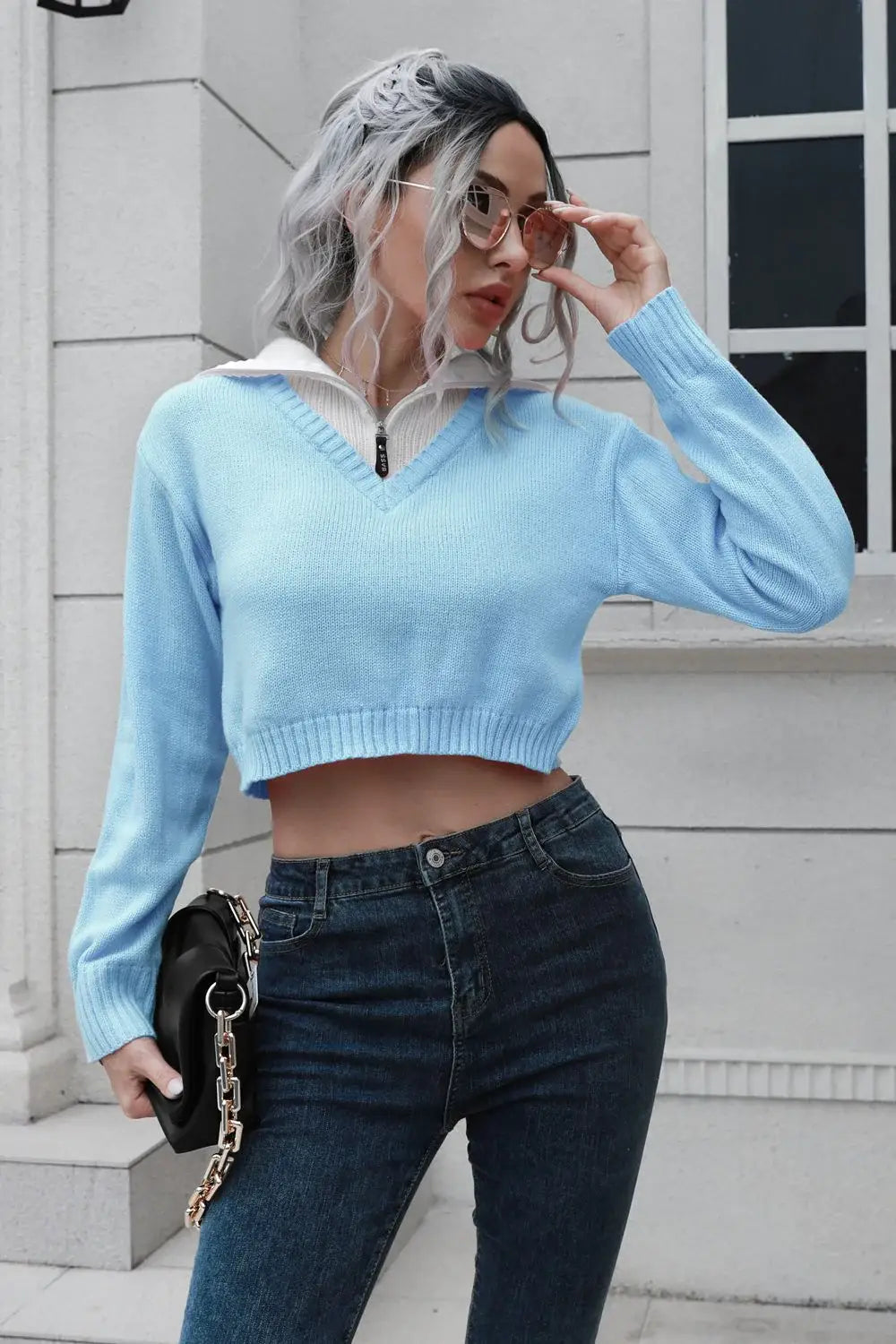 Contrast Collared Cropped Sweater - Trendsi - Flyclothing LLC