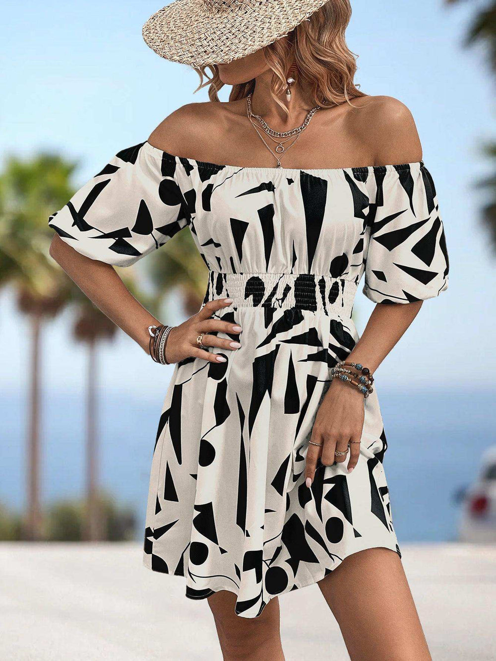 Printed Off-Shoulder Smocked Waist Dress - Trendsi - Flyclothing LLC