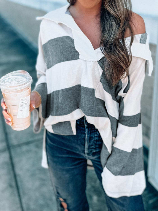 Striped Collared Neck Long Sleeve T-Shirt - Trendsi - Flyclothing LLC