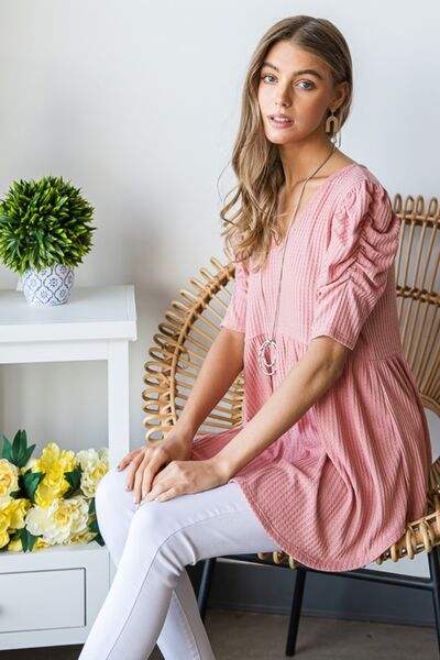 Heimish Full Size Waffle Knit V-Neck Babydoll Top - Trendsi - Flyclothing LLC