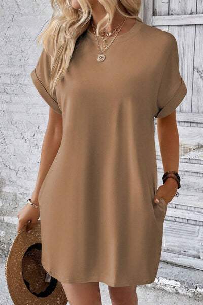 Pocketed Round Neck Short Sleeve Dress - Trendsi - Flyclothing LLC