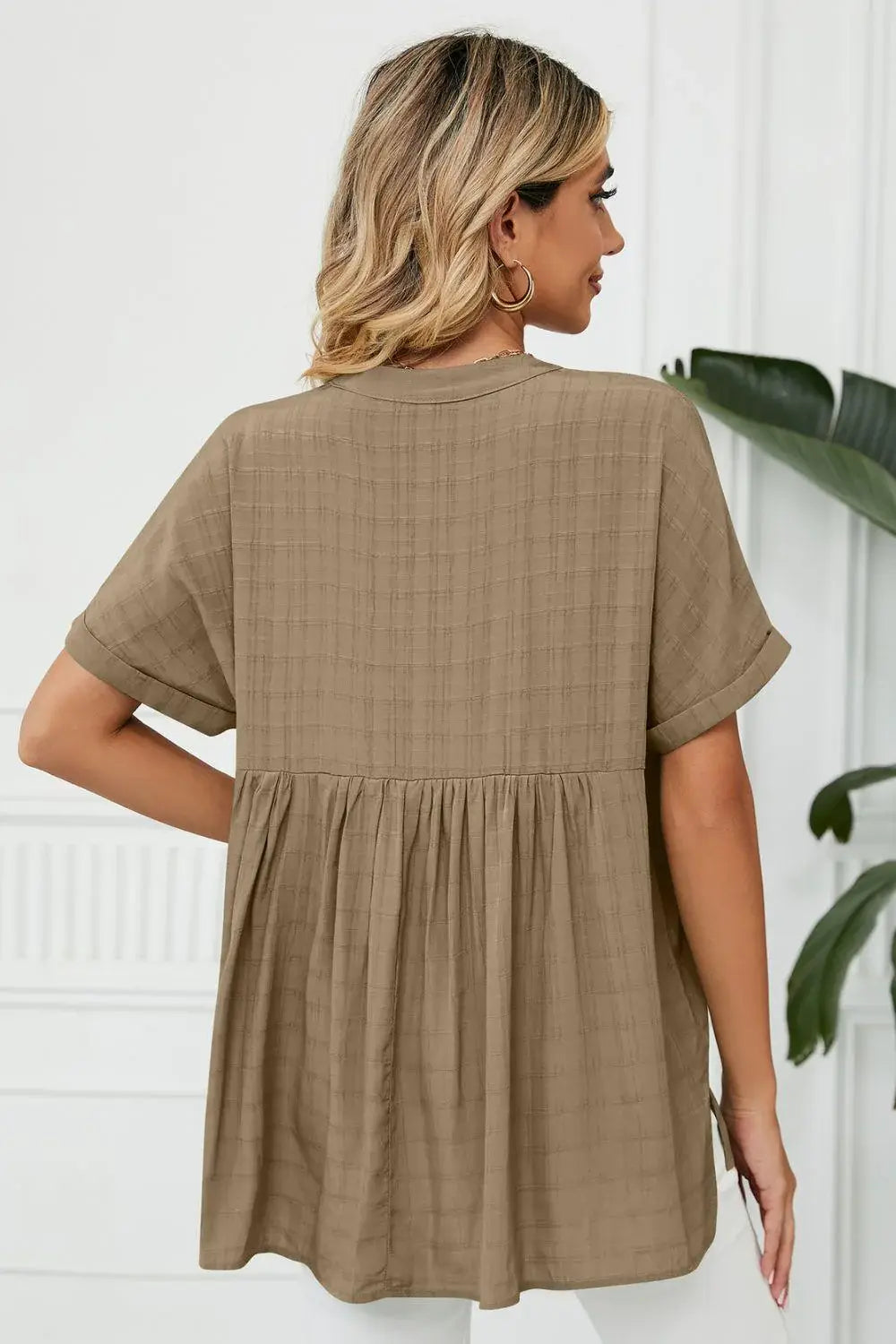 Side Slit Notched Neck Cuffed Short Sleeve Blouse - Trendsi - Flyclothing LLC