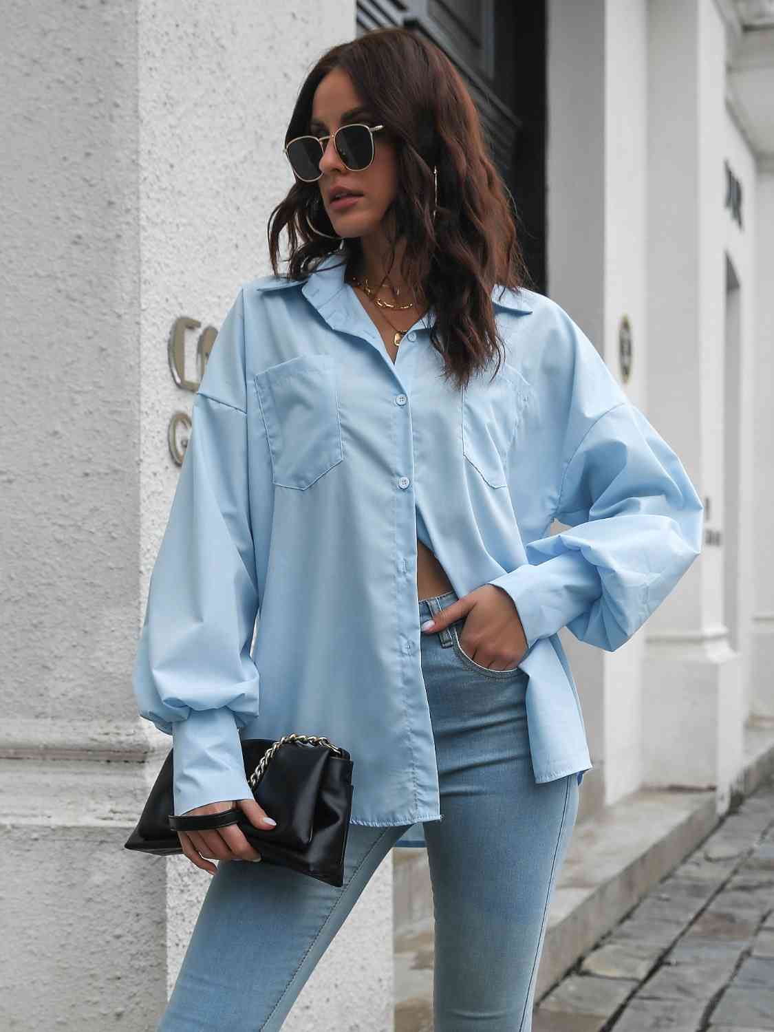 Collared Neck Dropped Shoulder Buttoned Shirt - Trendsi - Flyclothing LLC
