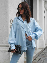 Collared Neck Dropped Shoulder Buttoned Shirt - Trendsi - Flyclothing LLC