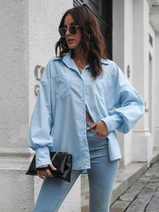 Collared Neck Dropped Shoulder Buttoned Shirt - Trendsi