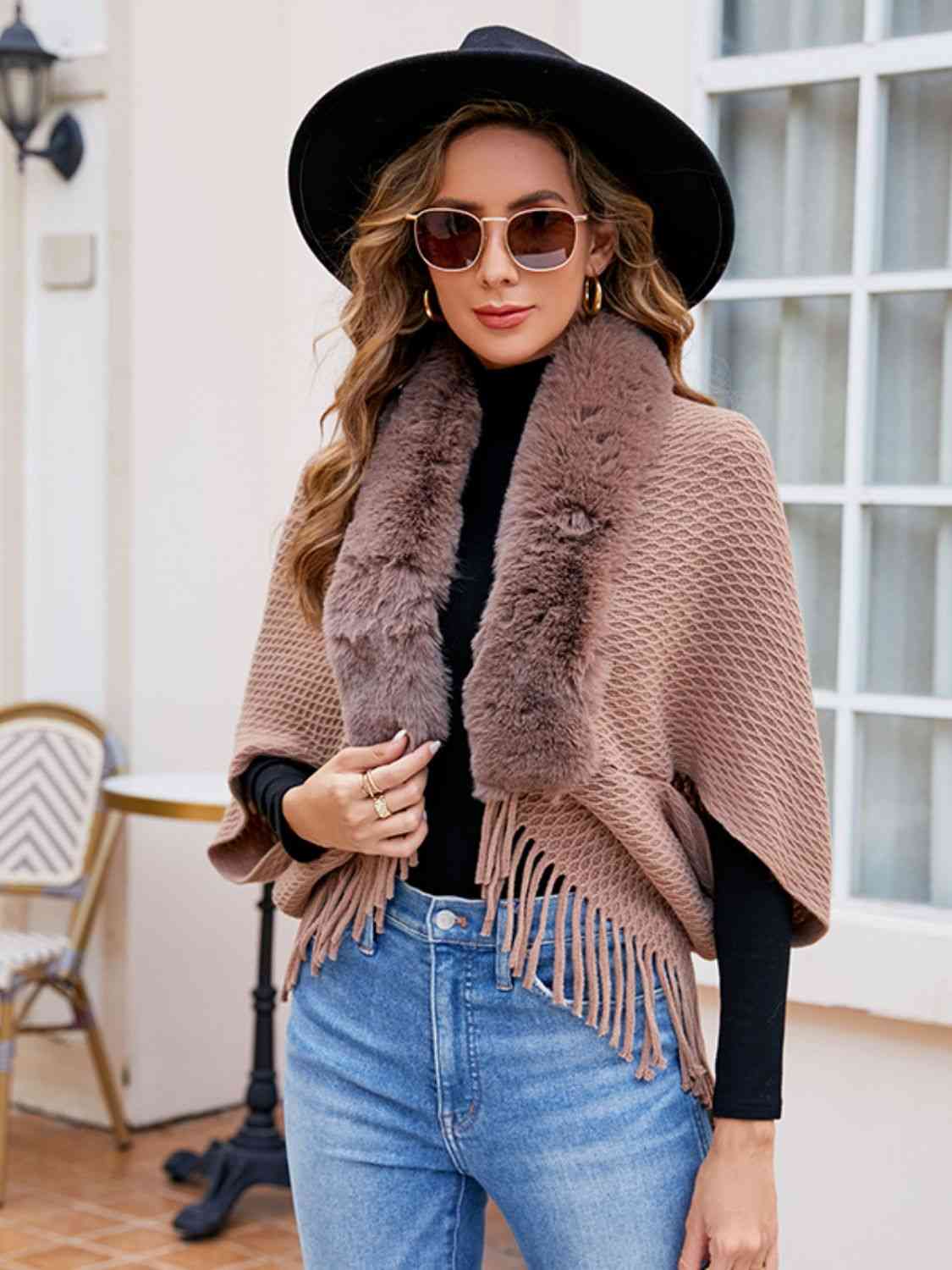 Open Front Fringe Hem Poncho - Trendsi - Flyclothing LLC