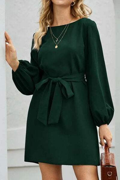 Tied Boat Neck Balloon Sleeve Mini Dress - Trendsi - Flyclothing LLC