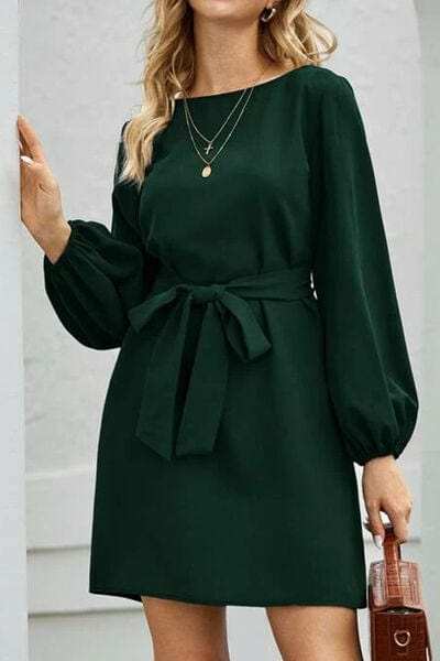 Tied Boat Neck Balloon Sleeve Mini Dress - Trendsi - Flyclothing LLC