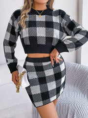Plaid Round Neck Top and Skirt Sweater Set - Trendsi