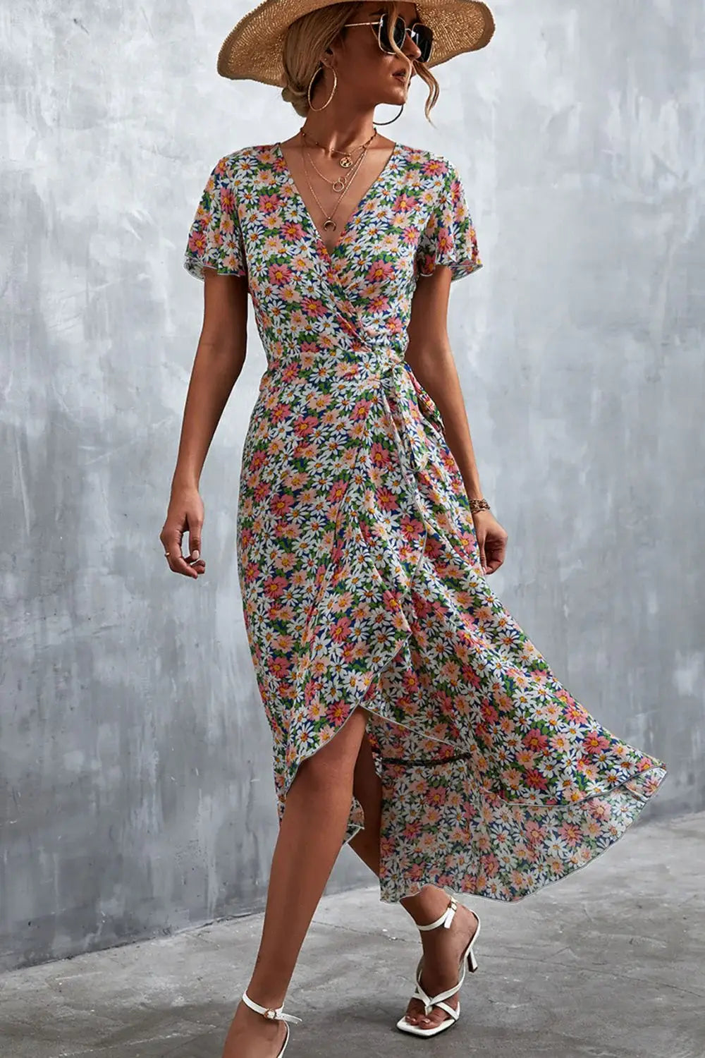 Floral Surplice Neck Tied Midi Dress - Trendsi - Flyclothing LLC