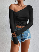 Asymmetrical Long Sleeve Side Tie Blouse - Trendsi - Flyclothing LLC