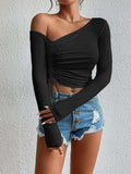 Asymmetrical Long Sleeve Side Tie Blouse - Trendsi - Flyclothing LLC