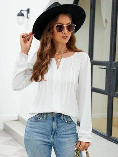 Notched Flounce Sleeve Blouse - Trendsi - Flyclothing LLC