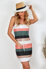 Striped Drawstring Waist Tie-Shoulder Mini Dress - Flyclothing LLC
