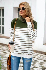 Striped Contrast Turtleneck Sweater - Flyclothing LLC