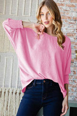 Reborn J Texture Round Neck Smocked Half Sleeve Top - Trendsi - Flyclothing LLC