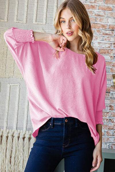 Reborn J Texture Round Neck Smocked Half Sleeve Top - Trendsi - Flyclothing LLC