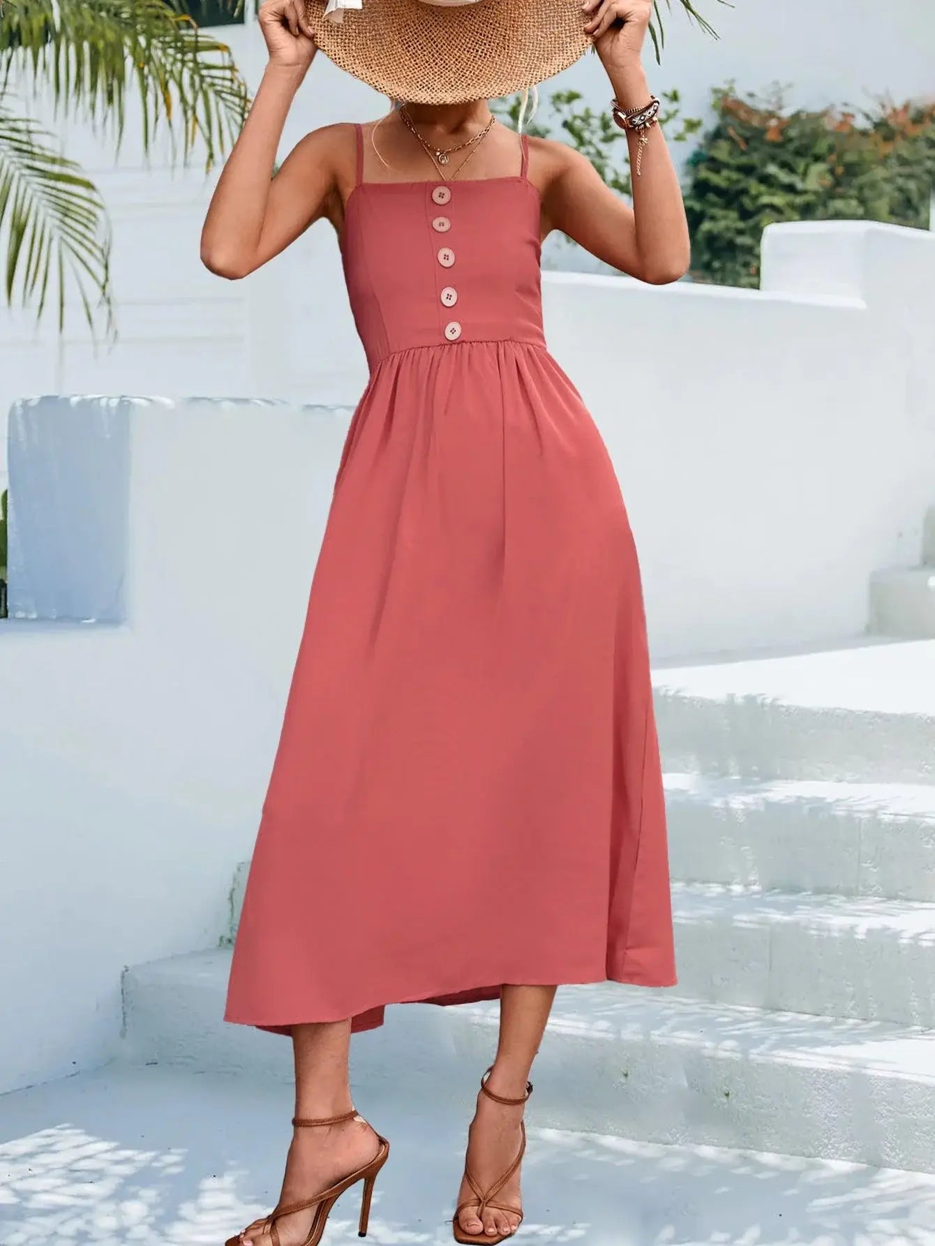 Decorative Button Spaghetti Strap Midi Dress - Trendsi - Flyclothing LLC