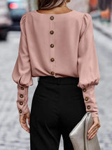 Round Neck Lantern Sleeve Blouse - Trendsi - Flyclothing LLC