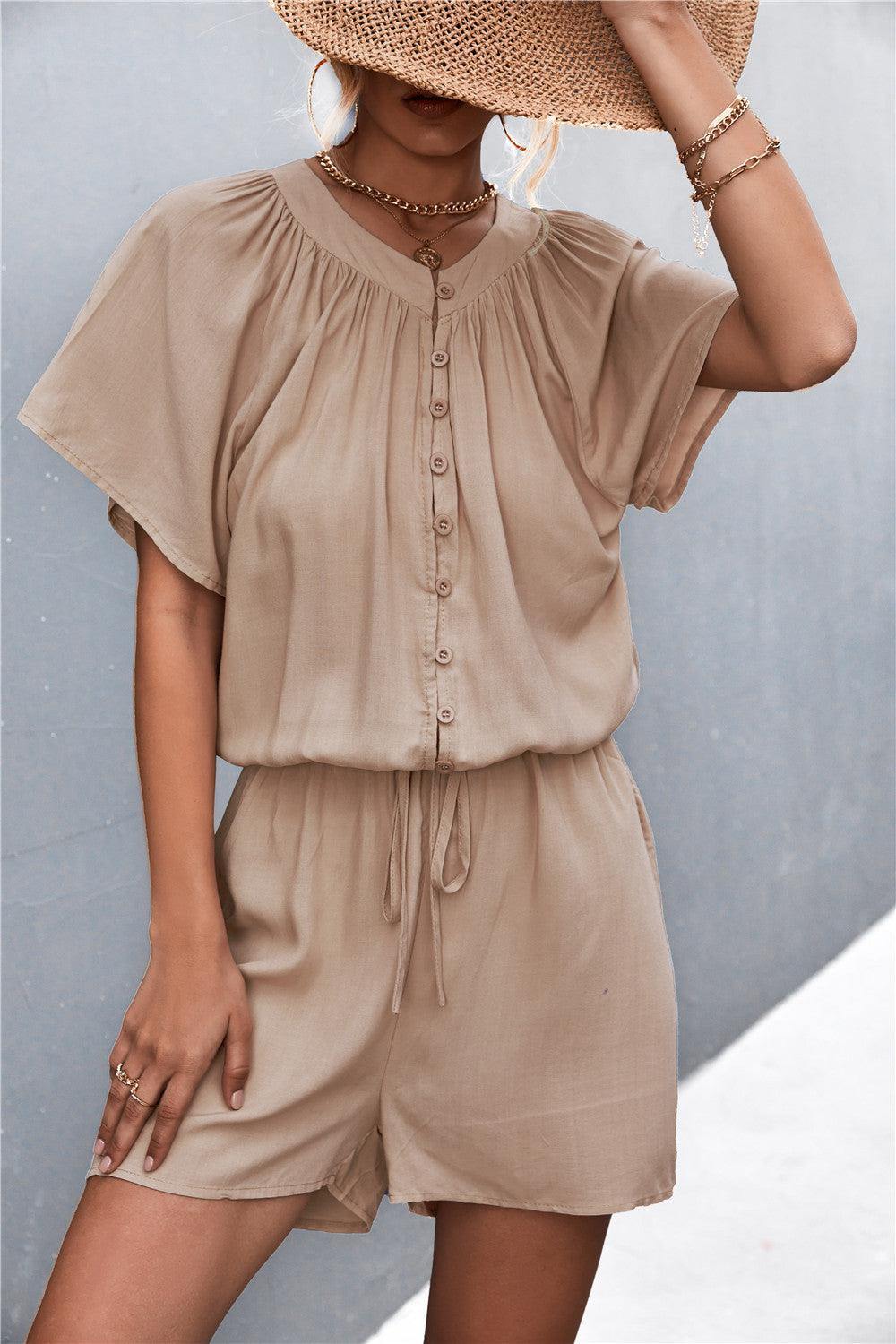 Buttoned Gather Detail Romper - Trendsi