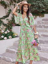 Smocked Floral V-Neck Short Sleeve Dress - Trendsi - Flyclothing LLC