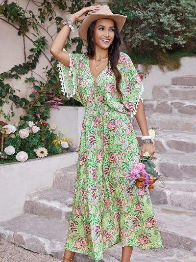 Smocked Floral V-Neck Short Sleeve Dress - Trendsi - Flyclothing LLC