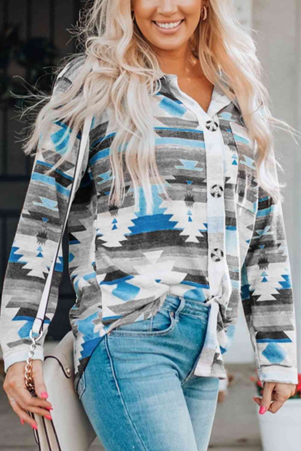 Printed Button Up Long Sleeve Shirt - Trendsi - Flyclothing LLC