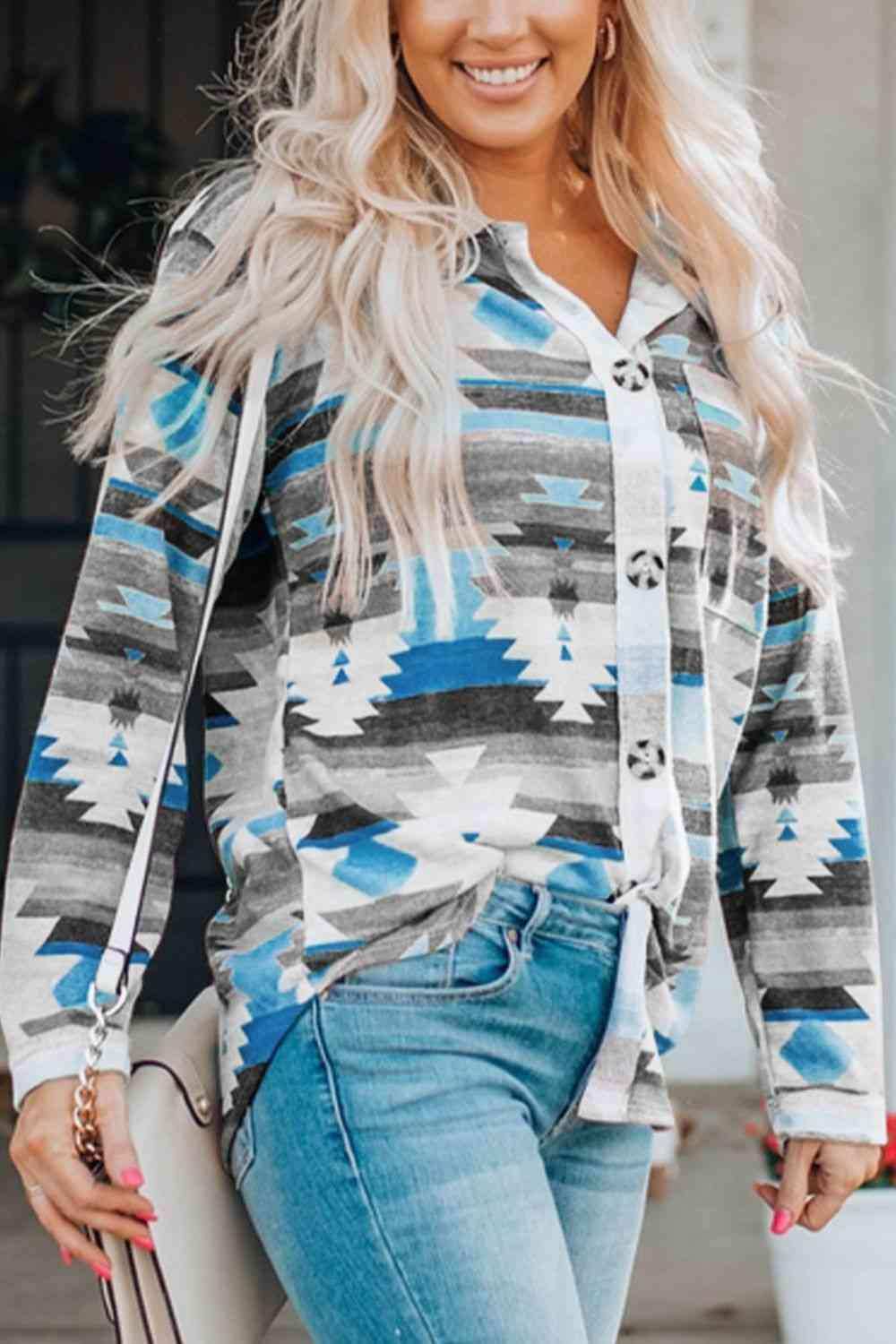 Printed Button Up Long Sleeve Shirt - Trendsi - Flyclothing LLC