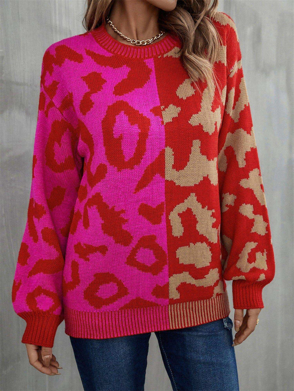 Round Neck Contrast Color Dropped Shoulder Sweater - Trendsi - Flyclothing LLC