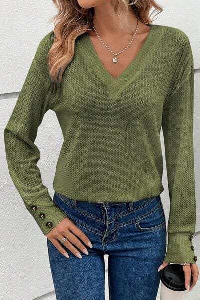 Decorative Button V-Neck Long Sleeve T-Shirt - Trendsi - Flyclothing LLC