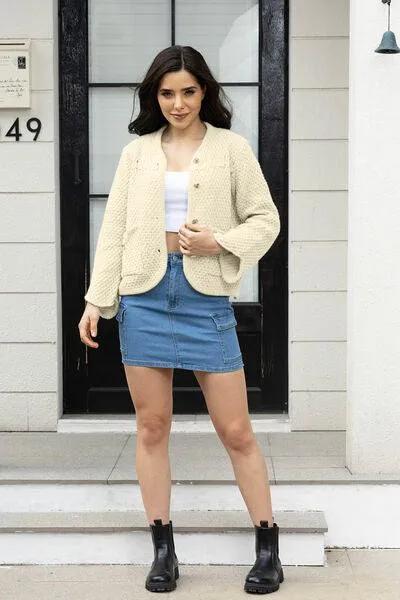 Button Up Long Sleeve Cardigan with Pockets - Trendsi