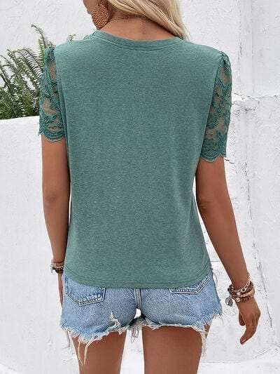 Lace Detail Short Sleeve Round Neck T-Shirt - Trendsi - Flyclothing LLC