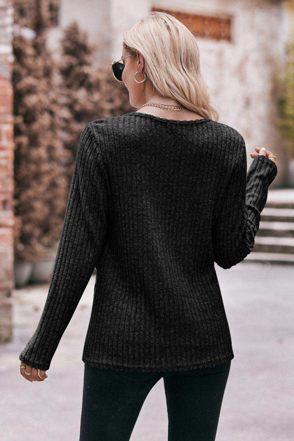 Buttoned Hem Detail Ribbed Top - Trendsi - Flyclothing LLC