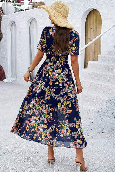 Smocked Floral V-Neck Short Sleeve Dress - Trendsi - Flyclothing LLC