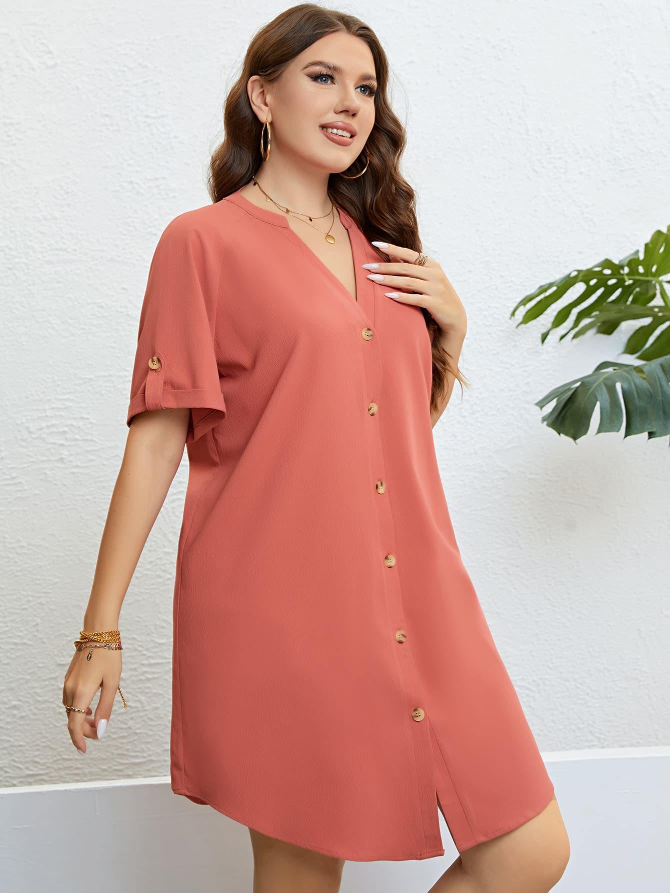 Plus Size Buttoned Notched Neck Shift Dress - Trendsi