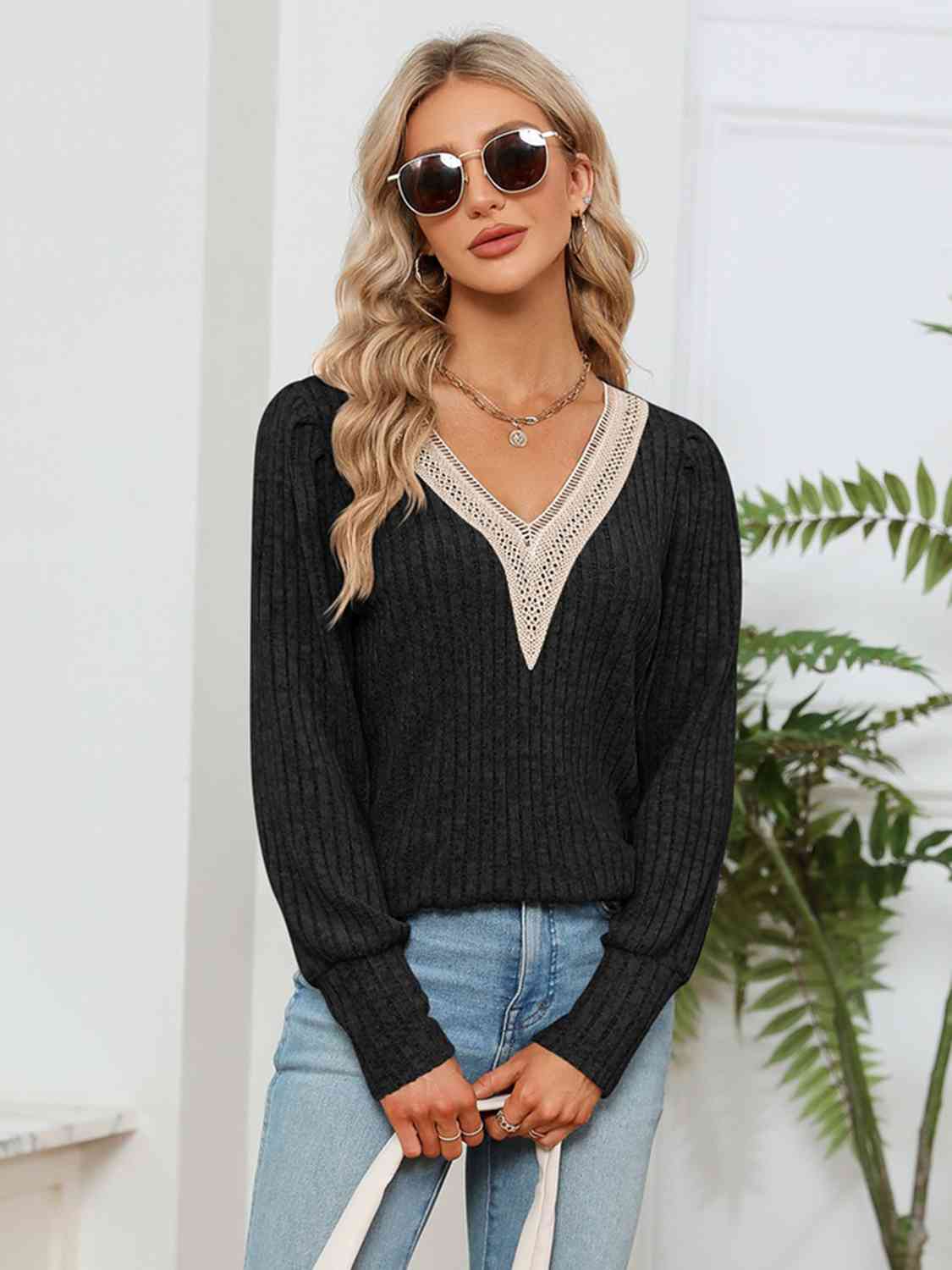 Lace Detail V-Neck Ribbed Blouse - Trendsi - Flyclothing LLC