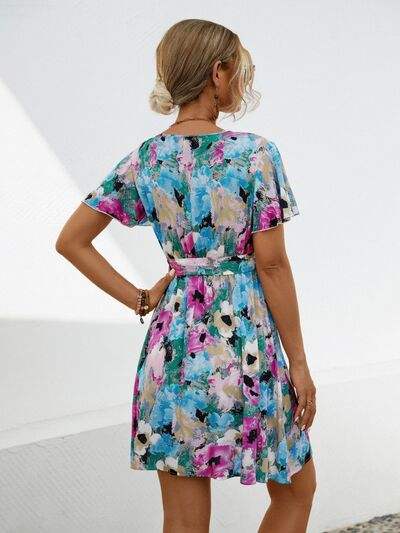 Printed Surplice Tie Waist Mini Dress - Trendsi - Flyclothing LLC