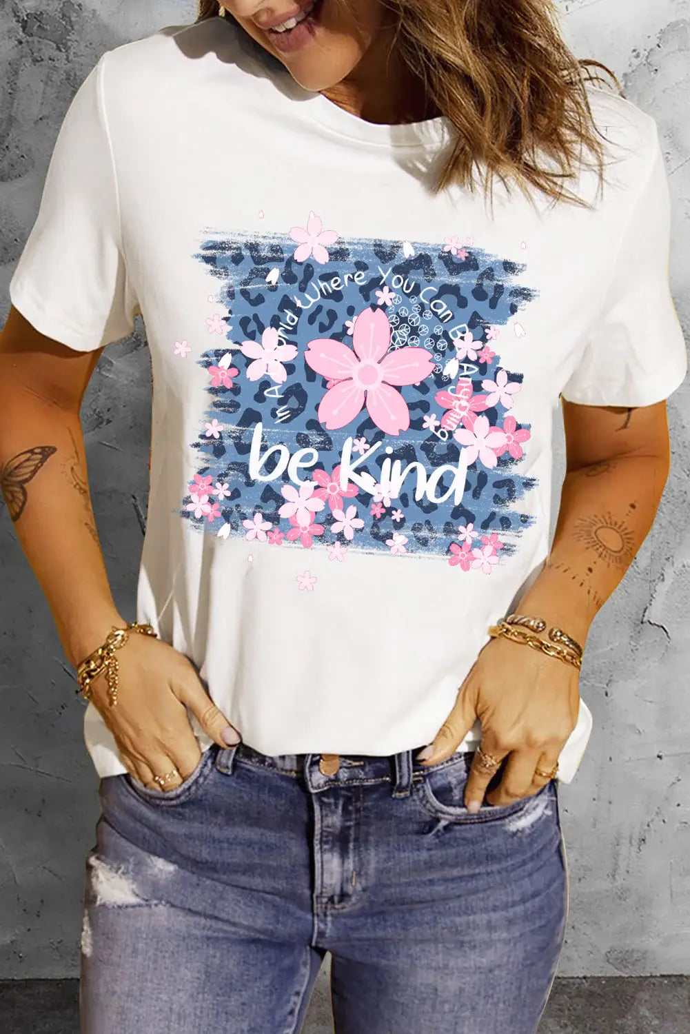 Leopard Floral Graphic Round Neck Tee - Trendsi - Flyclothing LLC
