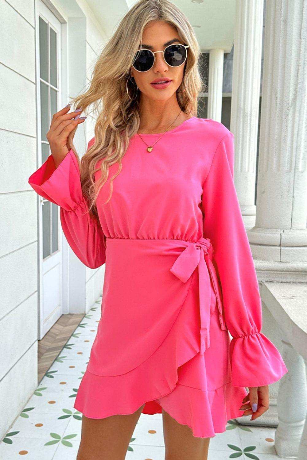 Round Neck Flounce Sleeve Ruffle Hem Mini Dress - Trendsi - Flyclothing LLC