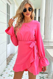 Round Neck Flounce Sleeve Ruffle Hem Mini Dress - Trendsi - Flyclothing LLC