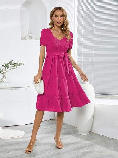 Smocked Tie Front Short Sleeve Tiered Dress - Trendsi - Flyclothing LLC