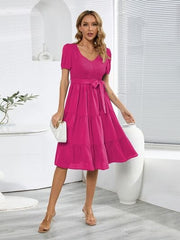 Smocked Tie Front Short Sleeve Tiered Dress - Flyclothing LLC