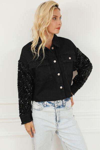 Sequin Button Up Raw Hem Denim Jacket - Trendsi - Flyclothing LLC